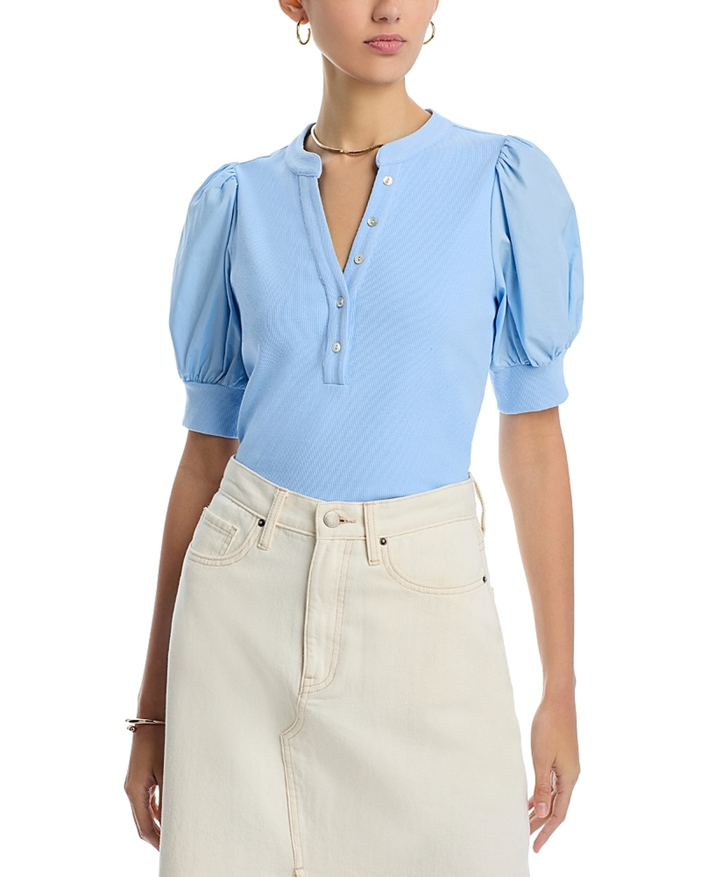Single Thread Women Light Blue Mixed Media Short Puff Sleeve Henley Top Size L